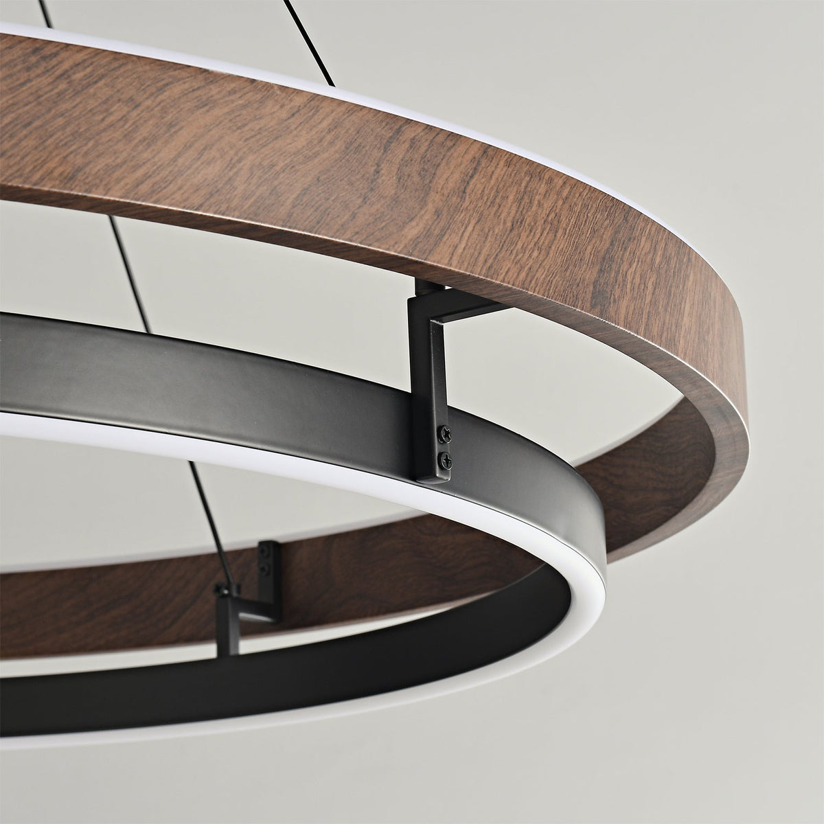 Suspended Dual-Halo LED Fixture for Dining Areas Wood-Grain Metal Ceiling Light Adjustable Height Contemporary Overhead Illumination for Kit