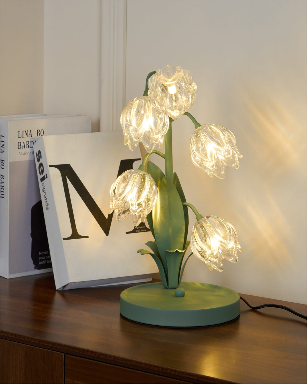 Floral Glass Shade Accent Lamp 7 Inch Green Stem Bedroom Nightstand Light Living Room Decorative Lighting Home Decor Indoor Small Bulb