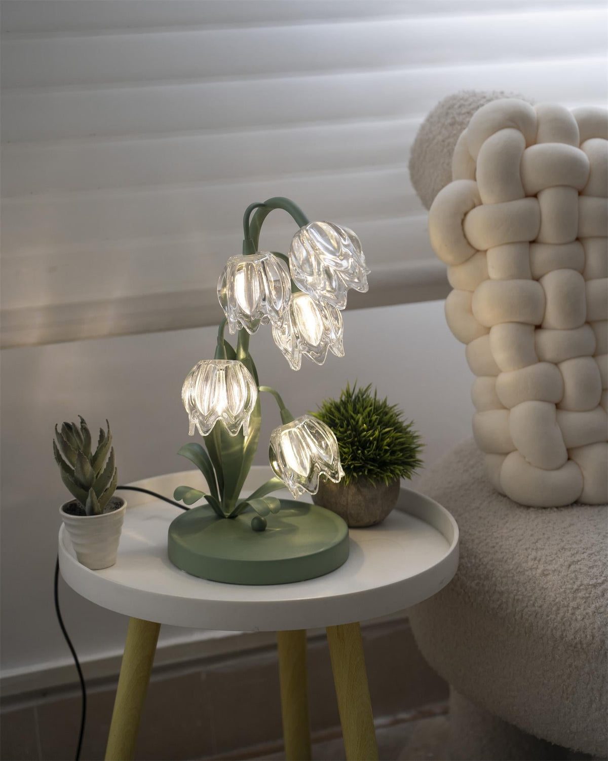 Floral Glass Shade Accent Lamp 7 Inch Green Stem Bedroom Nightstand Light Living Room Decorative Lighting Home Decor Indoor Small Bulb