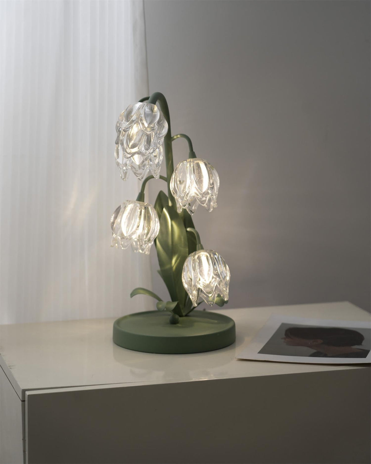 Floral Glass Shade Accent Lamp 7 Inch Green Stem Bedroom Nightstand Light Living Room Decorative Lighting Home Decor Indoor Small Bulb