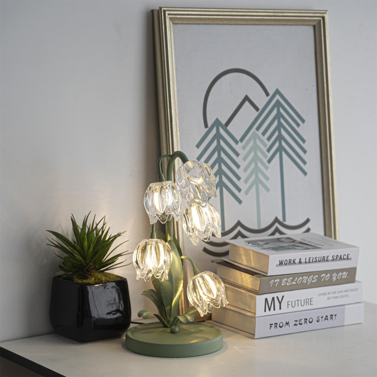 Floral Glass Shade Accent Lamp 7 Inch Green Stem Bedroom Nightstand Light Living Room Decorative Lighting Home Decor Indoor Small Bulb