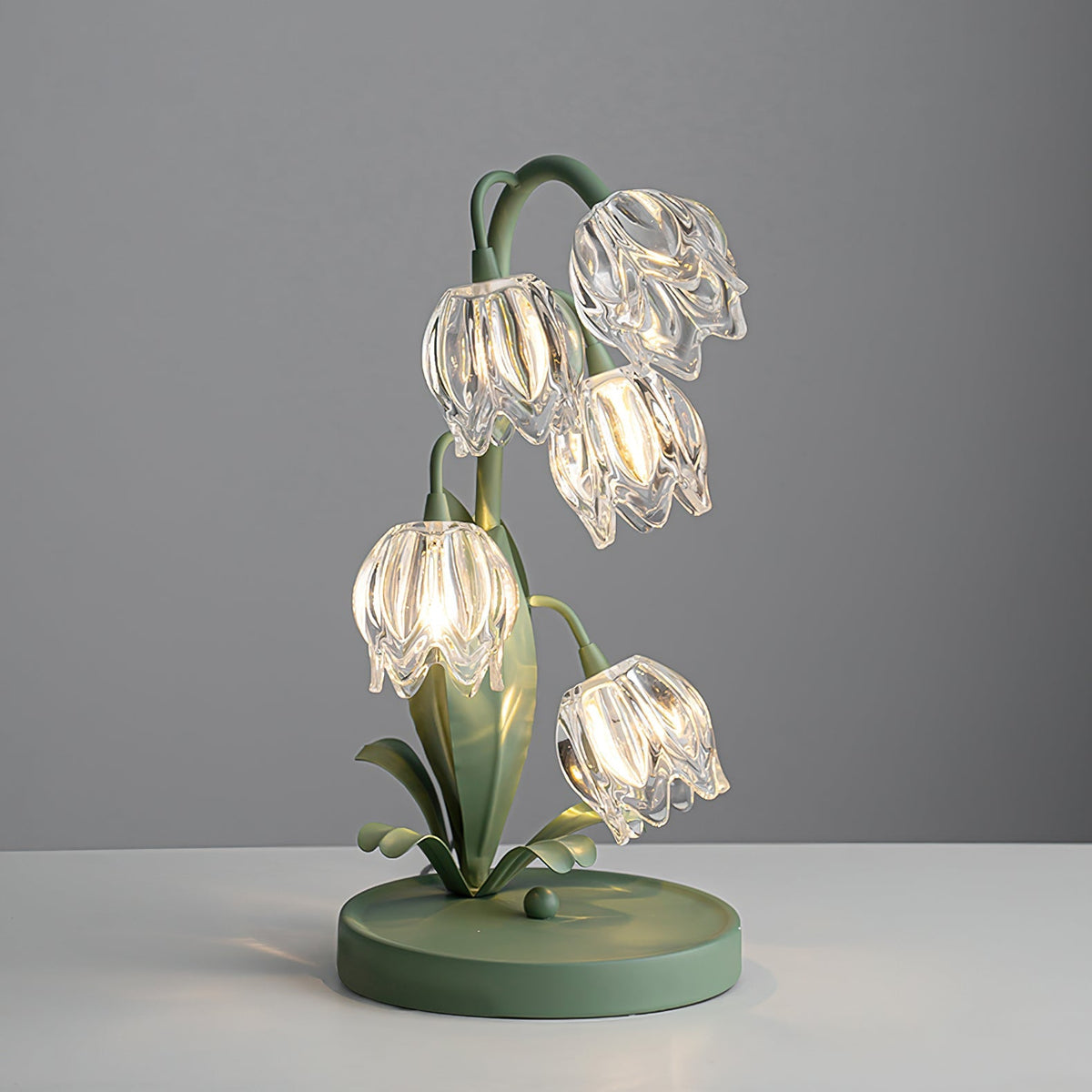 Floral Glass Shade Accent Lamp 7 Inch Green Stem Bedroom Nightstand Light Living Room Decorative Lighting Home Decor Indoor Small Bulb