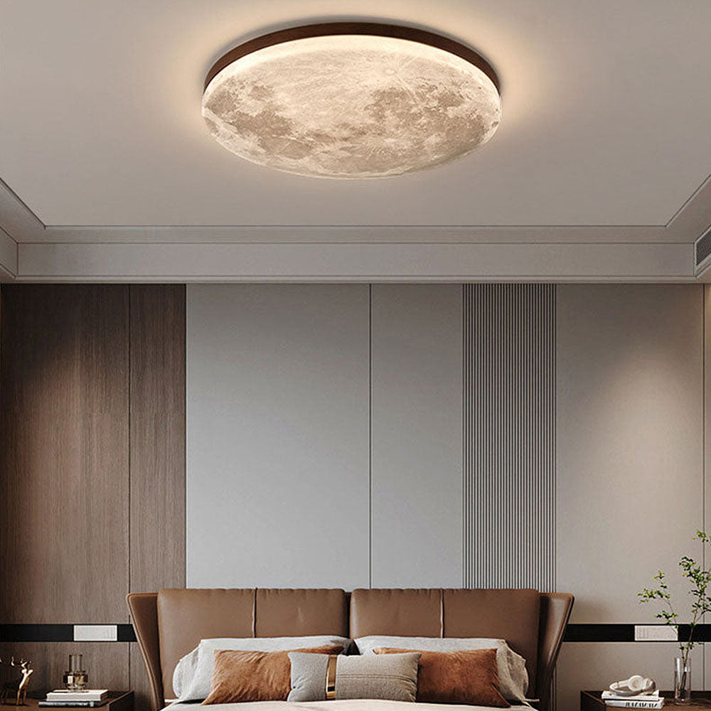 Round Flush Mount LED Fixture Moon Surface Wood & Acrylic 19 in Diameter Low Profile for Bedroom Living Room Hallway Ambient Lighting Japand