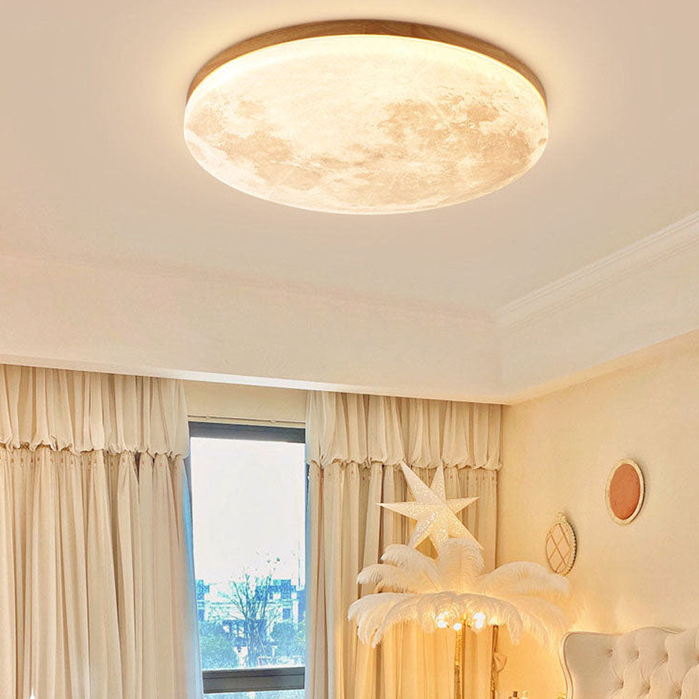 Round Flush Mount LED Fixture Moon Surface Wood & Acrylic 19 in Diameter Low Profile for Bedroom Living Room Hallway Ambient Lighting Japand