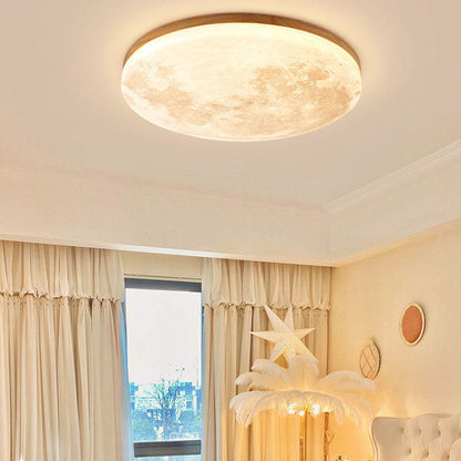 Round Flush Mount LED Fixture Moon Surface Wood & Acrylic 19 in Diameter Low Profile for Bedroom Living Room Hallway Ambient Lighting Japand