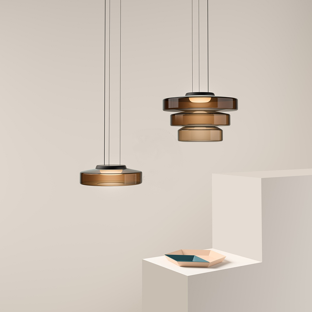 Tiered Glass Hanging Fixture 12 in Amber for Dining Tables Kitchen Islands Contemporary Statement Overhead Illumination