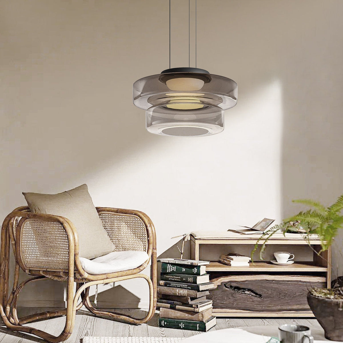 Tiered Glass Hanging Fixture 12 in Amber for Dining Tables Kitchen Islands Contemporary Statement Overhead Illumination