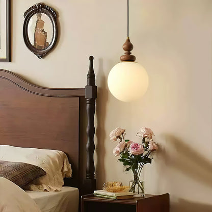 Frosted Glass Globe Hanging Fixture with Natural Wood Canopy 7 Inch Shade Adjustable Cord Kitchen Island Entryway Bedroom Dining Area Modern