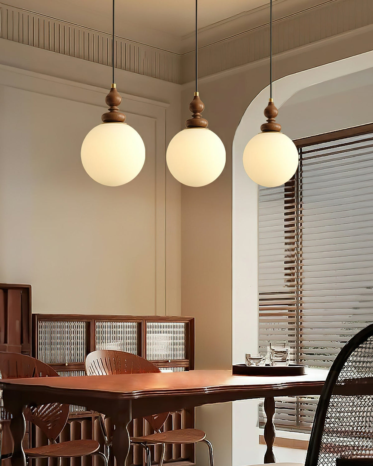 Frosted Glass Globe Hanging Fixture with Natural Wood Canopy 7 Inch Shade Adjustable Cord Kitchen Island Entryway Bedroom Dining Area Modern
