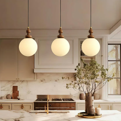 Frosted Glass Globe Hanging Fixture with Natural Wood Canopy 7 Inch Shade Adjustable Cord Kitchen Island Entryway Bedroom Dining Area Modern