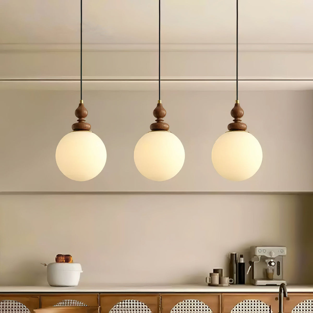 Frosted Glass Globe Hanging Fixture with Natural Wood Canopy 7 Inch Shade Adjustable Cord Kitchen Island Entryway Bedroom Dining Area Modern