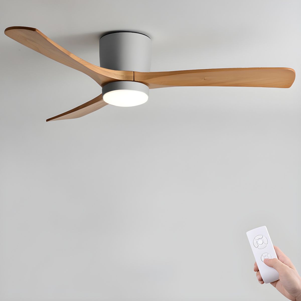 Wood Blade Ceiling Fan with Integrated LED Light and Remote Control for Bedroom Living Room Quiet DC Motor Airflow Year-Round Comfort Scandi