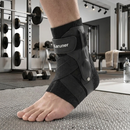 Soporte de tobillo ajustable con estabilizadores laterales para recuperación deportiva y protección articular