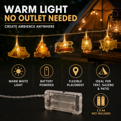 Camping-Themed LED Fairy Lights – Battery-Powered Indoor Outdoor String Lights with Tent, Campfire & Lantern Icons for Patio, Backyard &