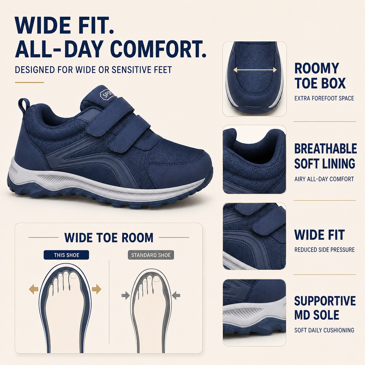 Men's Extra-Wide Orthopedic Walking Shoes with Adjustable Dual Straps for Swollen Feet & All-Day Comfort