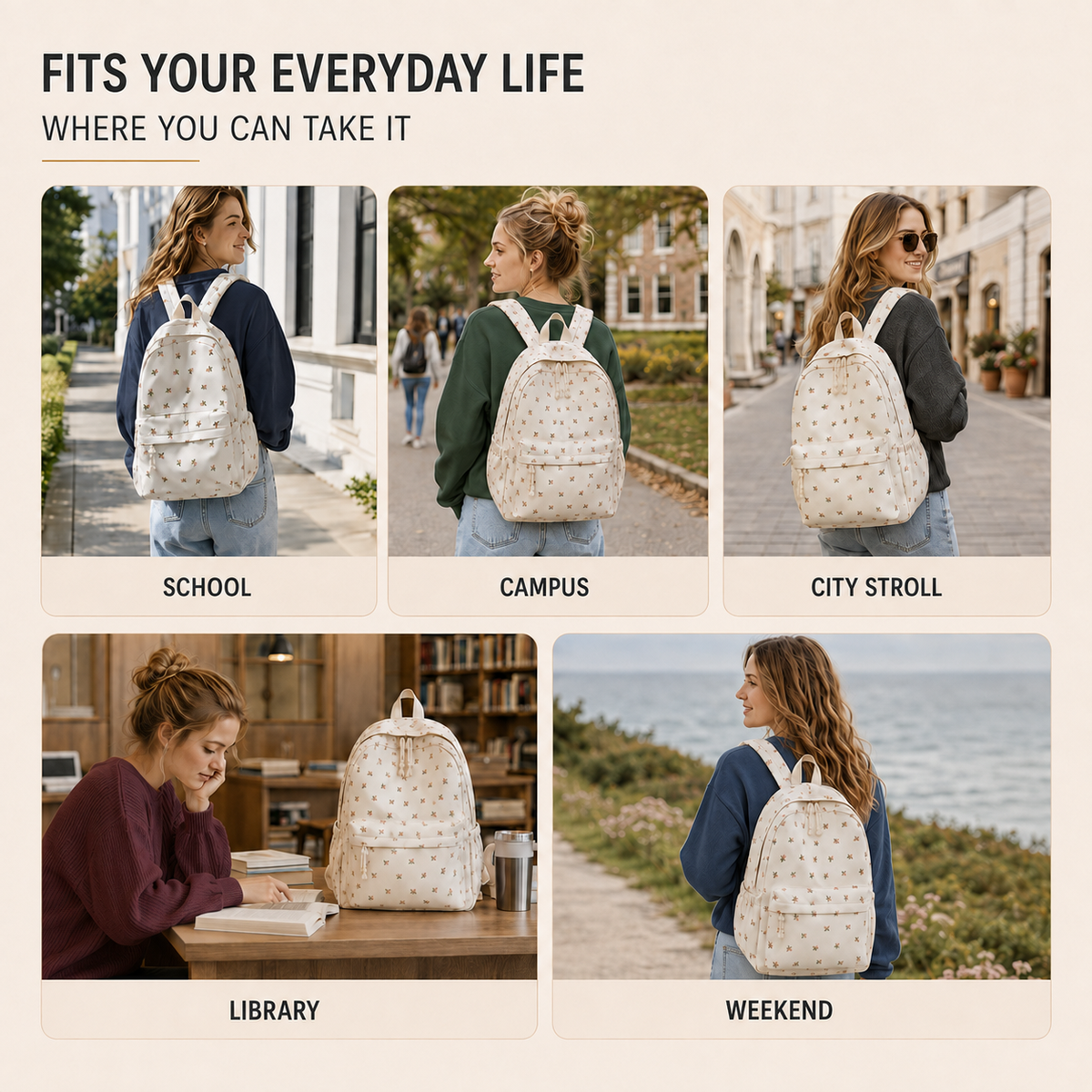Floral Print School Backpack with Multiple Pockets for Students & Daily Use