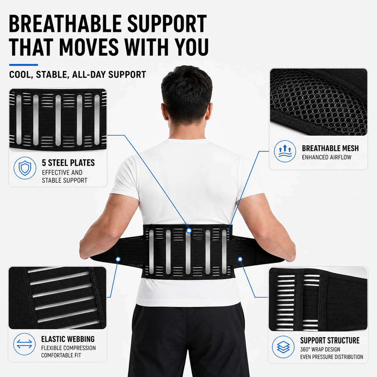 Adjustable Lower Back Support Brace with Dual-Strap Compression for Pain Relief & Posture Correction