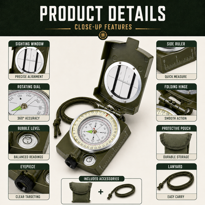 Lensatic Sighting Compass with Folding Design for Hiking & Outdoor Navigation | Portable Pocket Compass