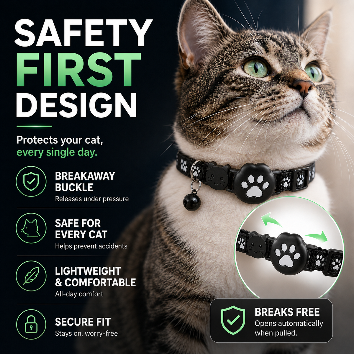 GPS Location Tracking Collar for Cats & Small Dogs with Reflective Safety Strap & App Control
