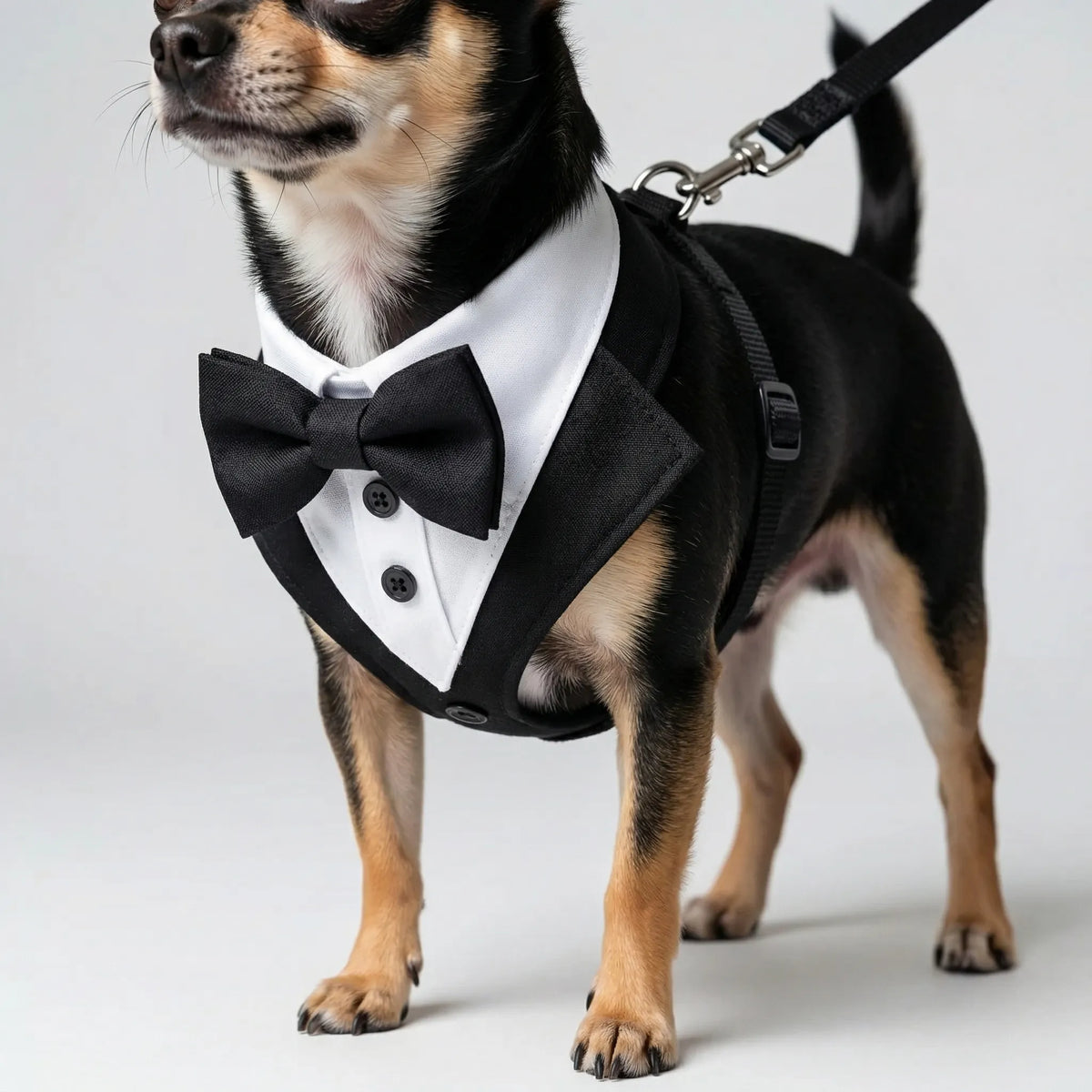 Dog Tuxedo Harness with Bow Tie for Weddings & Parties – Adjustable Vest Harness Small to Large Breeds – Formal Pet Outfit Costume