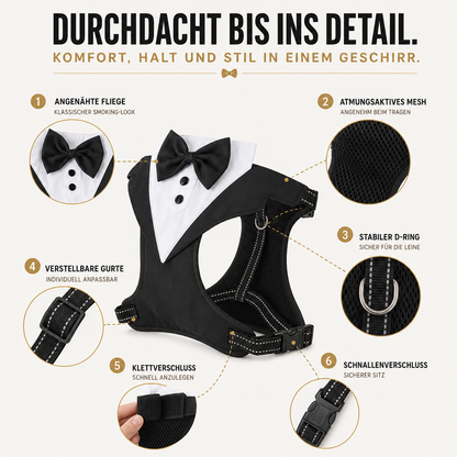 Dog Tuxedo Harness with Bow Tie for Weddings & Parties – Adjustable Vest Harness Small to Large Breeds – Formal Pet Outfit Costume