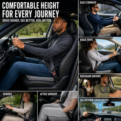 Elevated Car Seat Cushion with Airflow Honeycomb Design for Driver Comfort & Posture Support