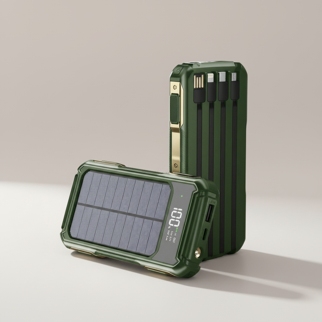 Cargador solar portátil de 10000-20000 mAh con cables integrados y carga inalámbrica para iPhone y Android – Batería externa con pantalla LED y