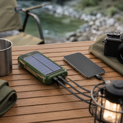 Cargador solar portátil de 10000-20000 mAh con cables integrados y carga inalámbrica para iPhone y Android – Batería externa con pantalla LED y