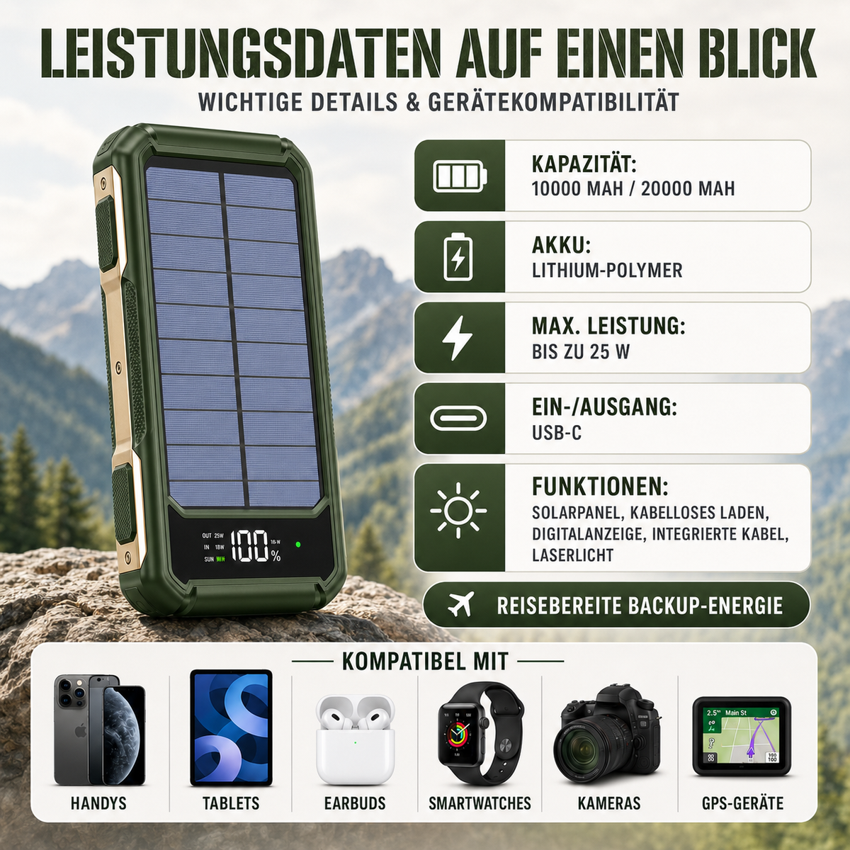 Cargador solar portátil de 10000-20000 mAh con cables integrados y carga inalámbrica para iPhone y Android – Batería externa con pantalla LED y