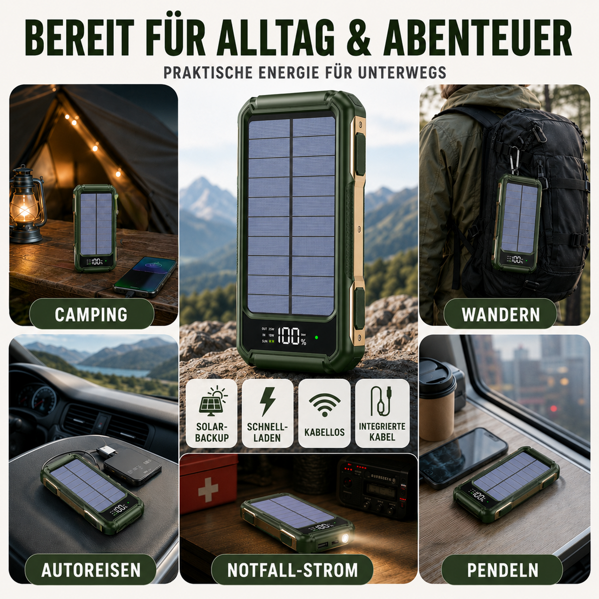 Cargador solar portátil de 10000-20000 mAh con cables integrados y carga inalámbrica para iPhone y Android – Batería externa con pantalla LED y