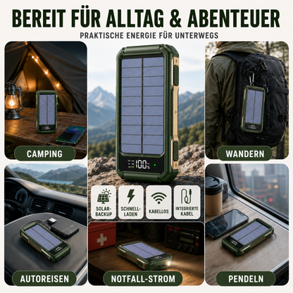 Cargador solar portátil de 10000-20000 mAh con cables integrados y carga inalámbrica para iPhone y Android – Batería externa con pantalla LED y