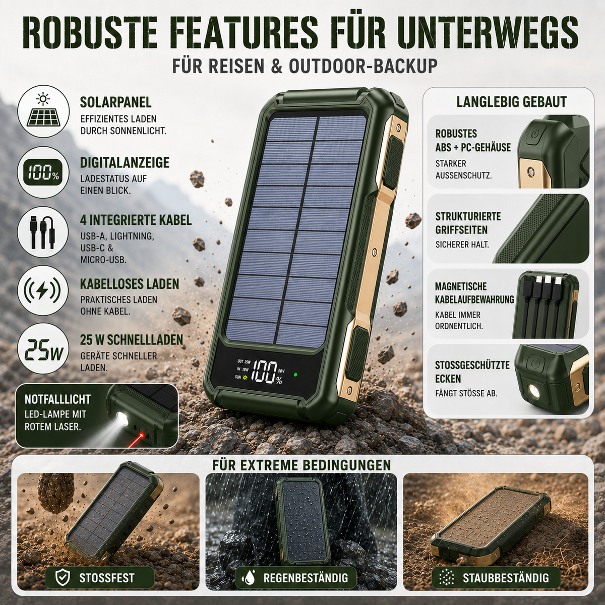 Cargador solar portátil de 10000-20000 mAh con cables integrados y carga inalámbrica para iPhone y Android – Batería externa con pantalla LED y