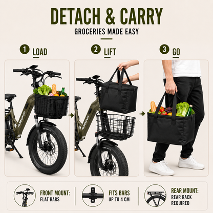 Collapsible Wire Bicycle Cargo Carrier with Waterproof Liner – Front or Rear Mount for Errands, Groceries & Pets