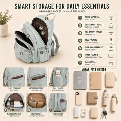 Compact Nylon Daypack with Anti-Theft Zippers – 11L Travel-Ready Mini Backpack for Commuting, School & Daily Errands
