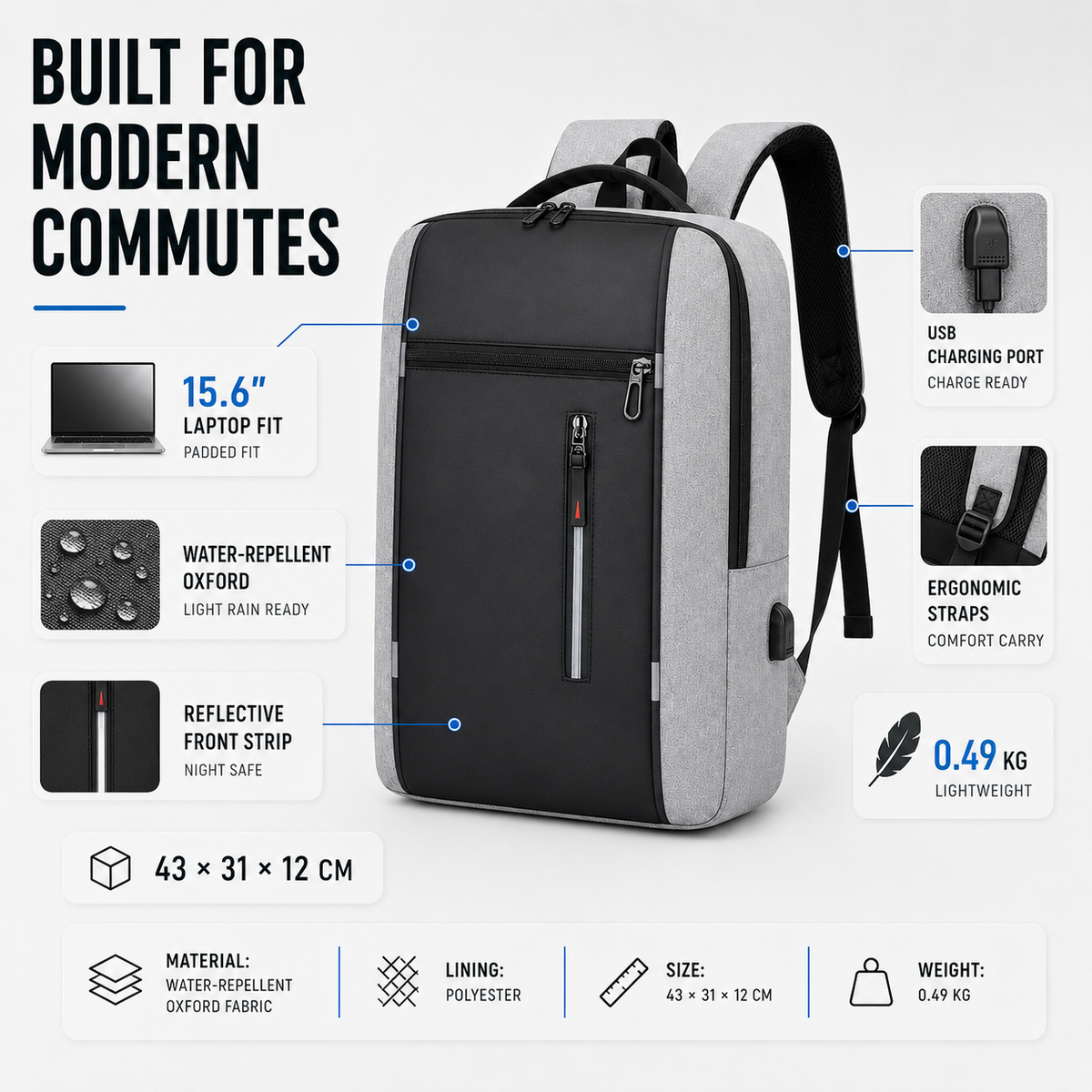 Mochila impermeable para portátil con puerto de carga USB – Compartimento acolchado para notebook de 15.6 pulgadas – Mochila urbana para trabajo, escuela y viajes