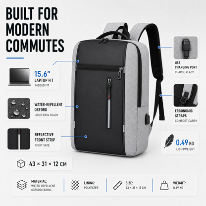 Mochila impermeable para portátil con puerto de carga USB – Compartimento acolchado para notebook de 15.6 pulgadas – Mochila urbana para trabajo, escuela y viajes