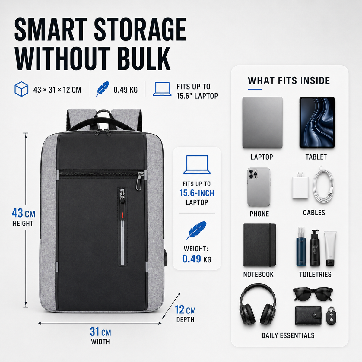 Mochila impermeable para portátil con puerto de carga USB – Compartimento acolchado para notebook de 15.6 pulgadas – Mochila urbana para trabajo, escuela y viajes