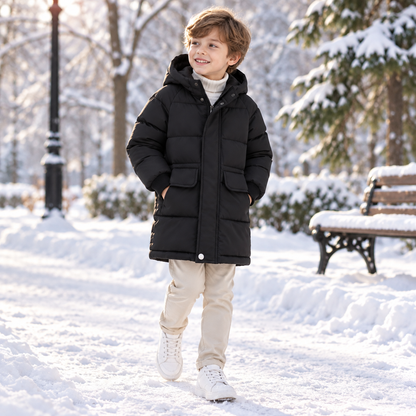 Insulated Longline Hooded Puffer Jacket for Kids – Full-Zip Heavyweight Winter Coat Ages 3-12