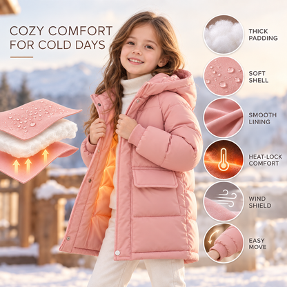 Insulated Longline Hooded Puffer Jacket for Kids – Full-Zip Heavyweight Winter Coat Ages 3-12