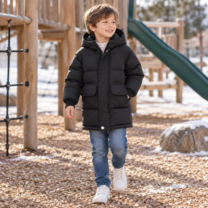 Insulated Longline Hooded Puffer Jacket for Kids – Full-Zip Heavyweight Winter Coat Ages 3-12