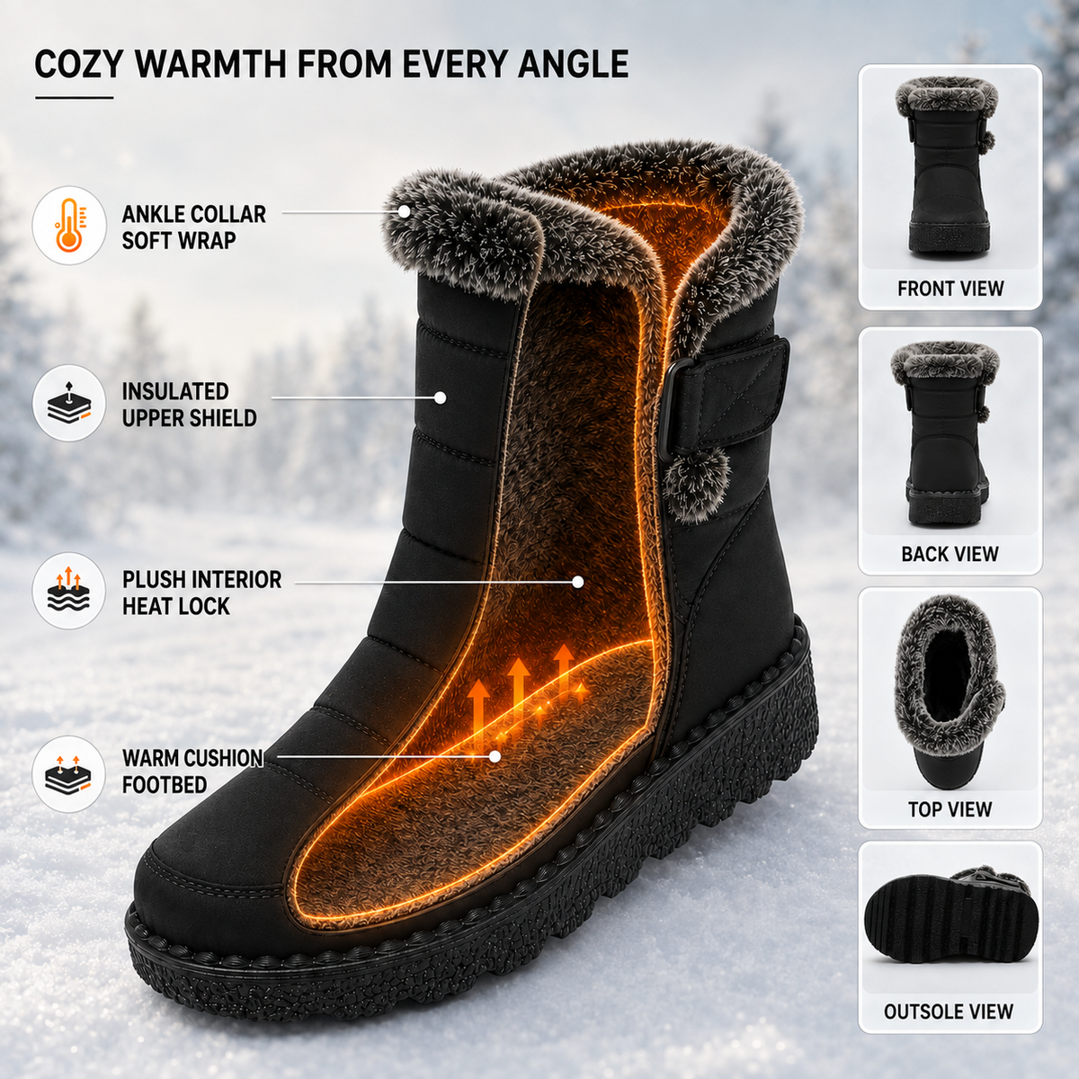 Women's Waterproof Snow Boots with Plush Lining and Non-Slip Sole for Winter | Ankle-High Velcro Closure Insulated Footwear