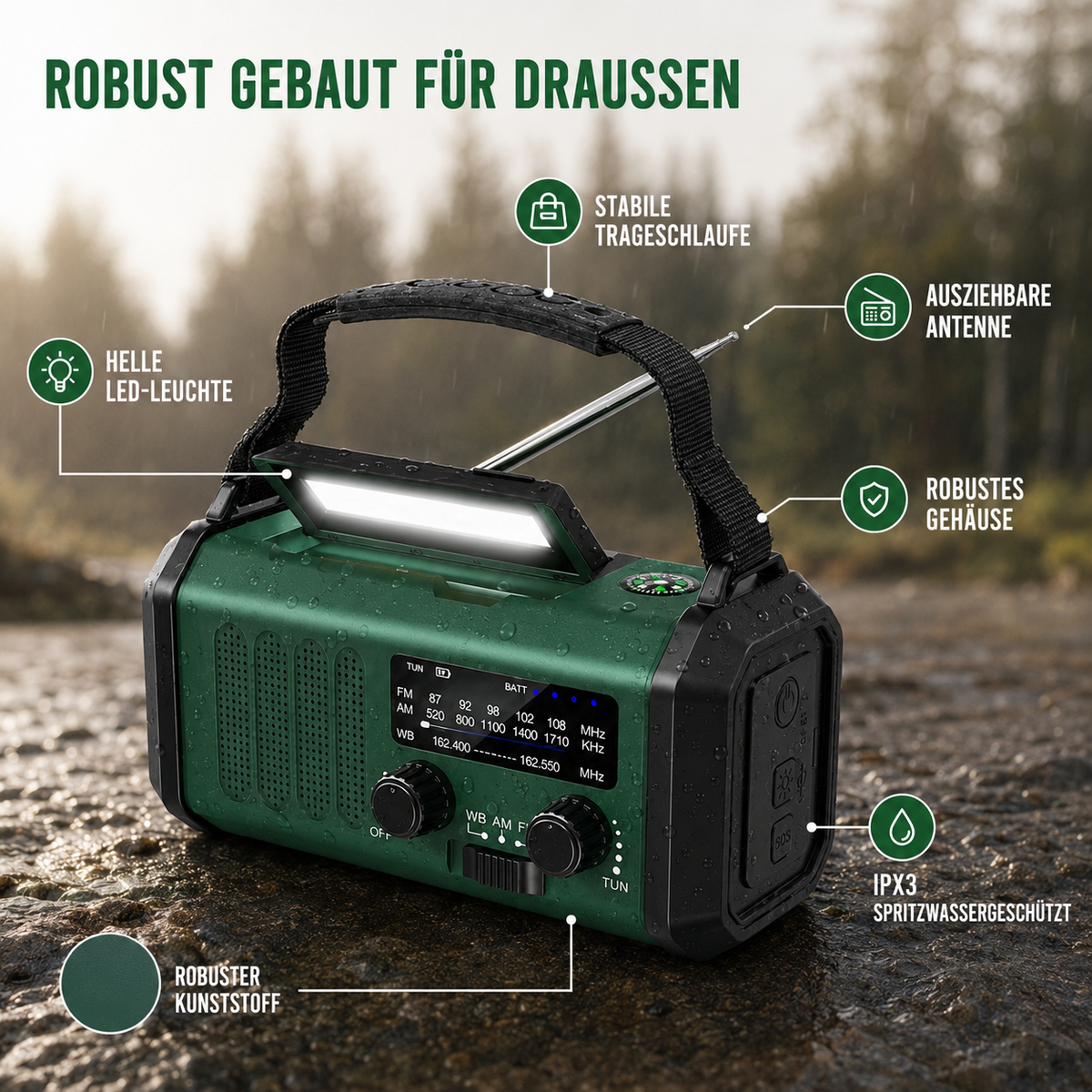 Hand-Crank Solar Emergency Radio with LED Flashlight & Phone Charger for Power Outages Camping Hiking Outdoor Survival Kit AM FM Weather