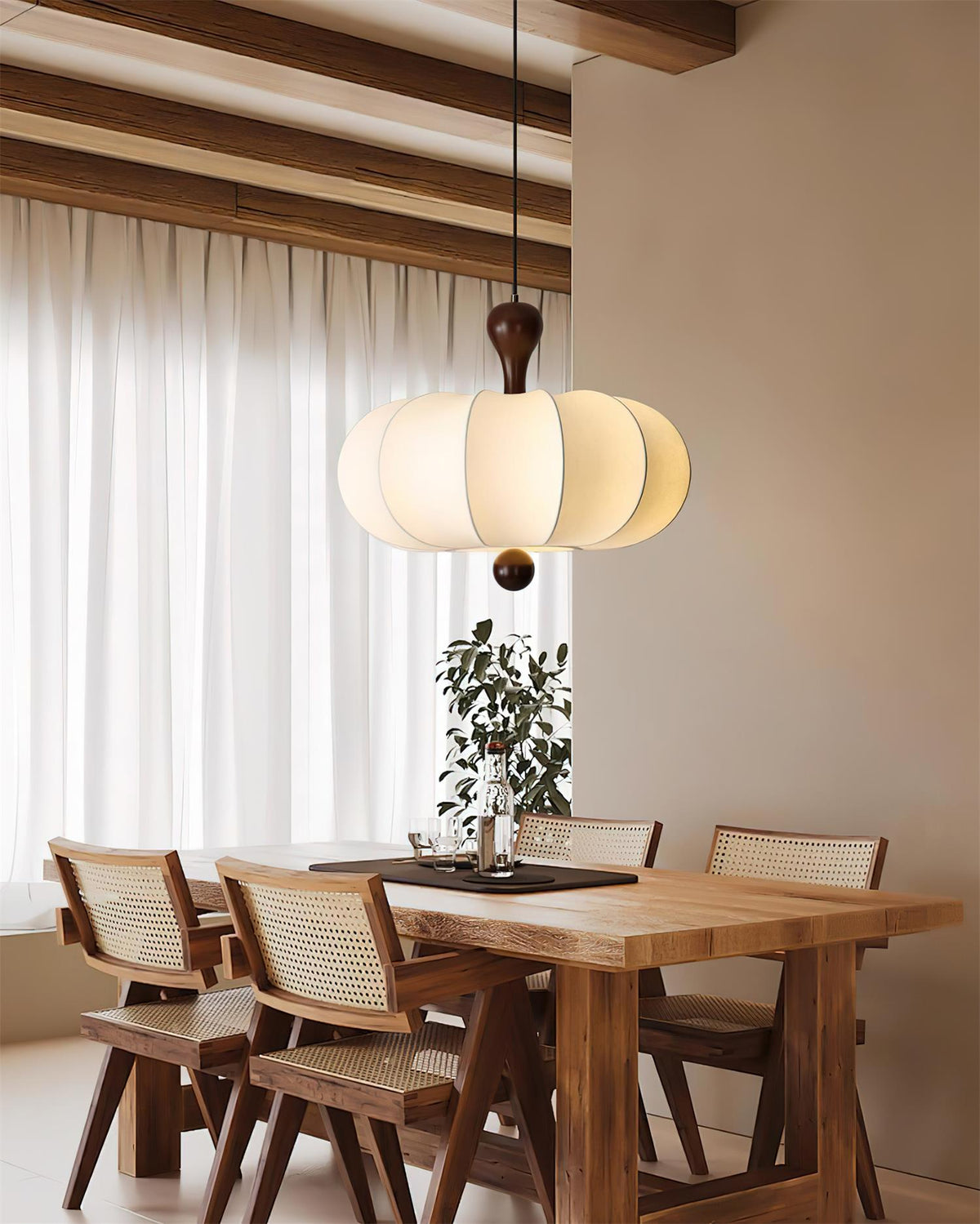 Sculptural White Pendant Light with Walnut Wood Dome and Fabric Shade for Dining Room