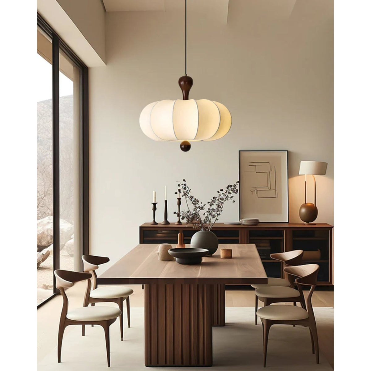 Fabric Drum Pendant Ceiling Light with Wood Accent for Dining Room and Kitchen Island – Soft White Pleated Shade, Modern Minimalist Drop Fix