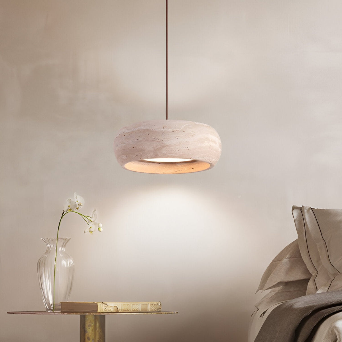 Stone Hanging Lamp 8-Inch Round Natural Travertine Shade Adjustable Drop Cord Ceiling Fixture for Kitchen Island Dining Table Room Modern Or