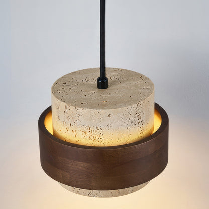 Stone & Wood Drop Ceiling Fixture 6.7 Inch Natural Travertine Hanging Light for Dining Table Kitchen Island Bedside Minimalist Adjustable Co