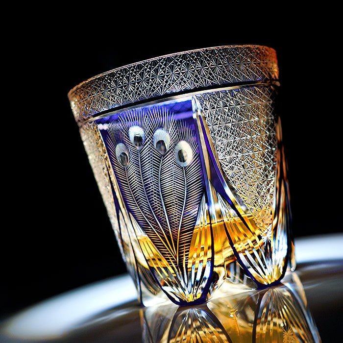 Japanese Cut Crystal Spirits Tumbler with Purple Peacock Motif & Gift Box for Whiskey Bourbon Scotch Cocktails Home Bar Drinkware Glassware