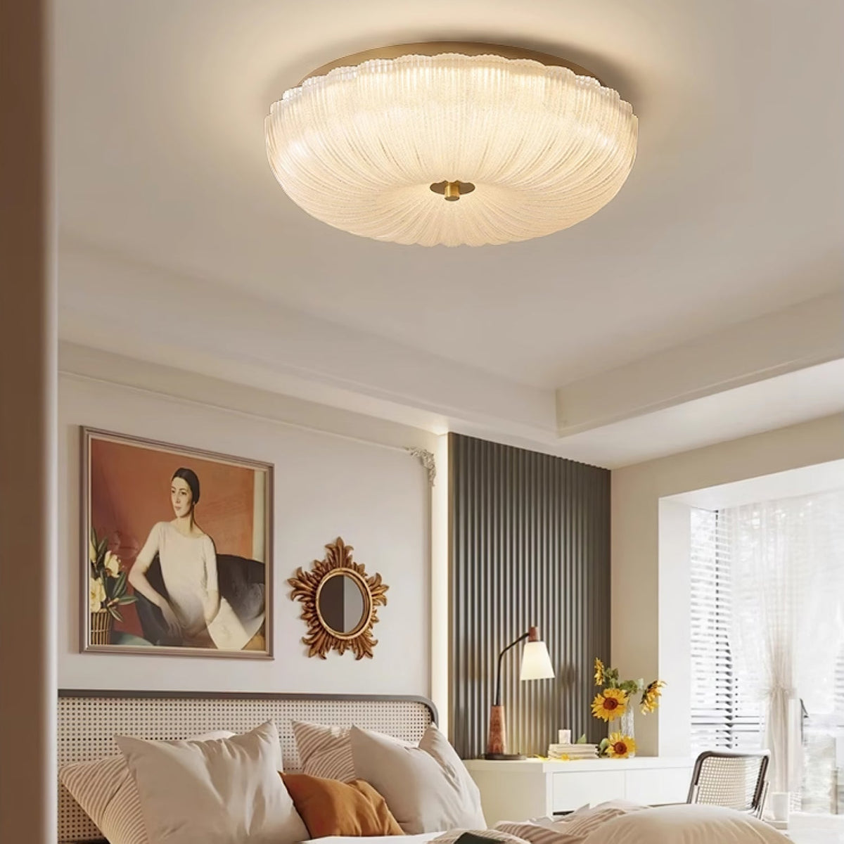 Round Flush Mount LED Ceiling Light Gold Metal Frosted Glass Shade 16 Inch 36W for Bedroom Living Room Kitchen Office Indoor Lighting 3000K