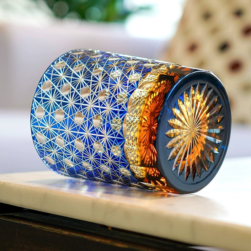 Cut Crystal Whisky Tumblers with Starburst Floral Design in Amber Glass for Bourbon, Scotch & Cocktails