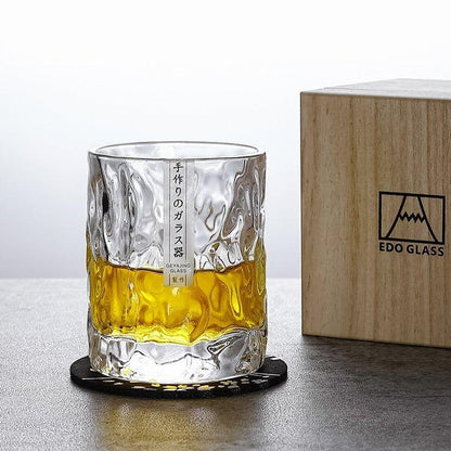 Rocks Glass with Geometric Faceted Cuts for Bourbon Scotch & Cognac | Textured Crystal Tumbler Set with Wood Box & Coaster for Home Bar | Ol
